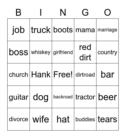 Play That Country Music White Boy Bingo Card