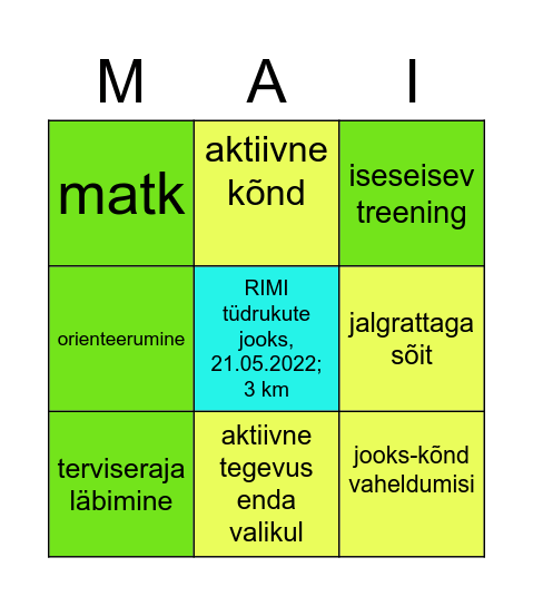 Aktiivsed tegevused 2.-29.mai,2022 Bingo Card