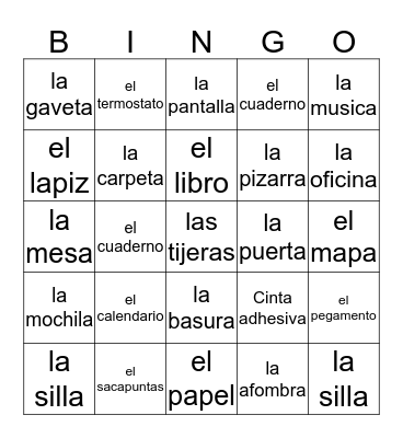 Spanish Classroom Objects Bingo Card