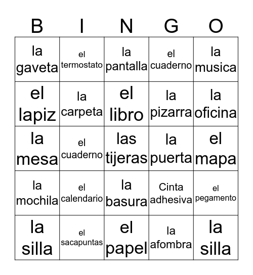 Spanish Classroom Objects Bingo Card