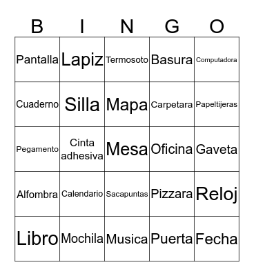 Spanish Classroom Objects  Bingo Card