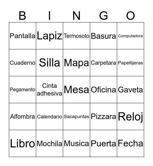 Spanish Classroom Objects  Bingo Card