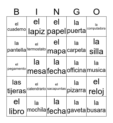 Spanish Claasroom Objects Bingo Card