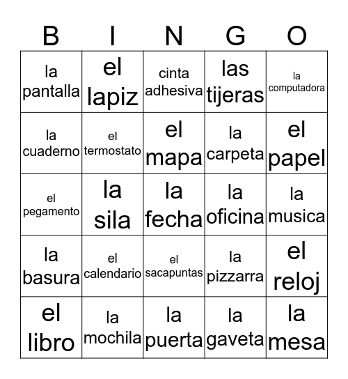 Spanish Classroom Objects Bingo Card