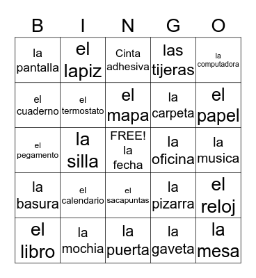 Spanish Classroom Objects Bingo Card
