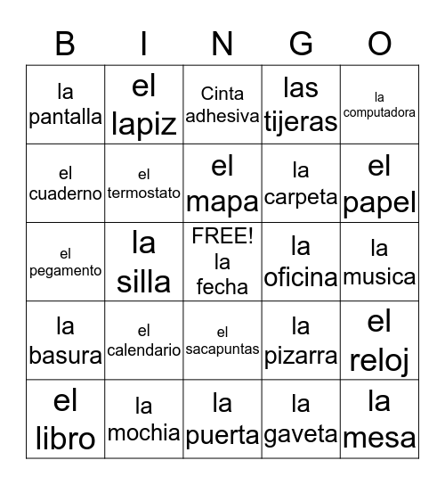 Spanish Classroom Objects Bingo Card