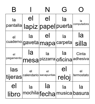 Spanish Class BIngo Card