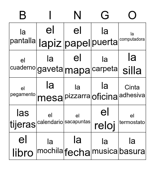Spanish Class BIngo Card