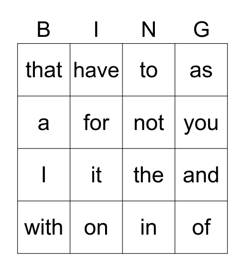 20 common words Bingo Card