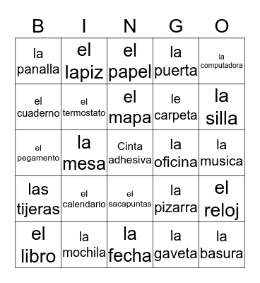 Spanish  Classrom Objects Bingo Card