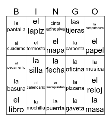 spanish classroom objects Bingo Card