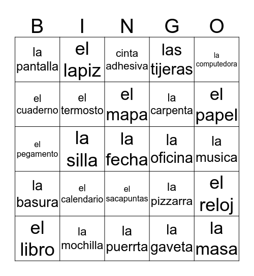 spanish classroom objects Bingo Card