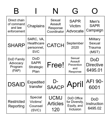 Sexual Assault Awareness Month Bingo Card