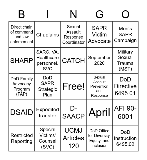 Sexual Assault Awareness Month Bingo Card