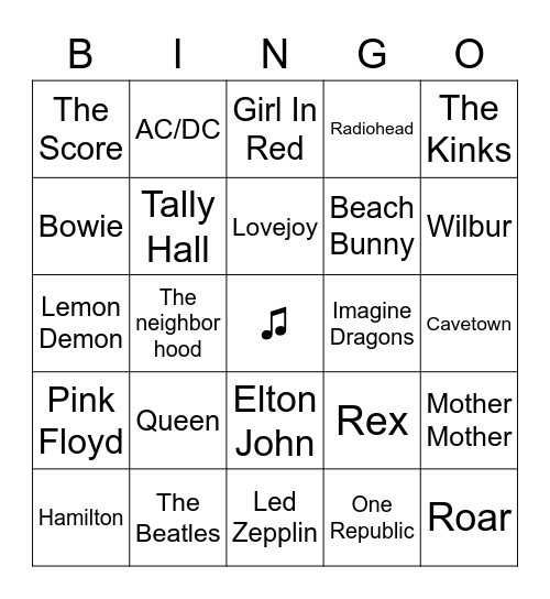Robyn's Music Bingo Card