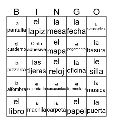 Spanish Classroom Object Bingo Card