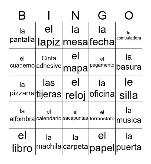 Spanish Classroom Object Bingo Card