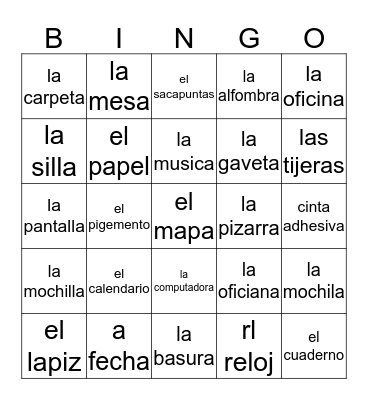 Spanish Classroom Objects Bingo Card
