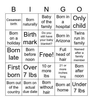 Baby Bingo! Bingo Card
