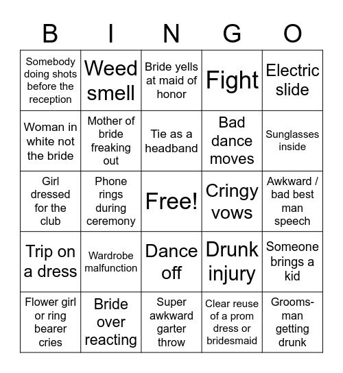 Wedding Bingo - Because we are terrible people Bingo Card