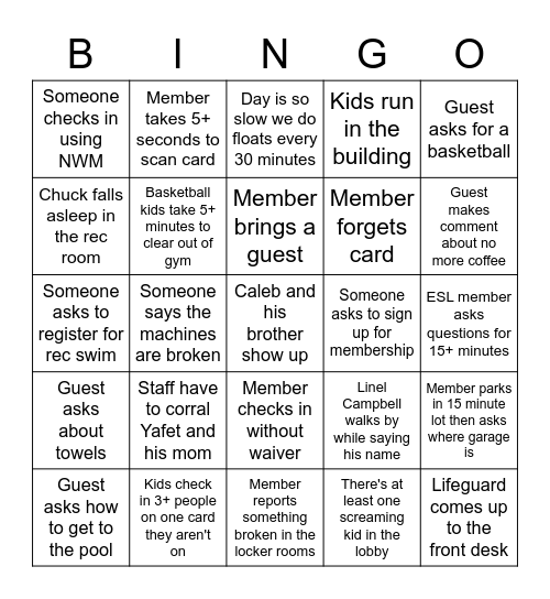 YMCA Membership Bingo Card