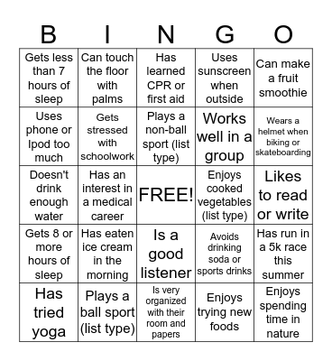 Health Habits Bingo Card