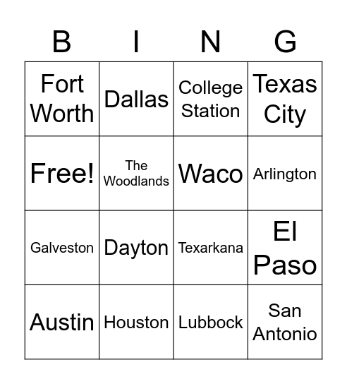 Cities in Texas Bingo Card