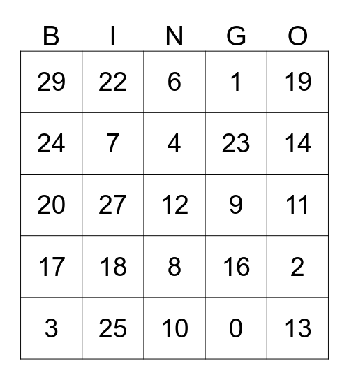 Los Números 0-29 Bingo Card