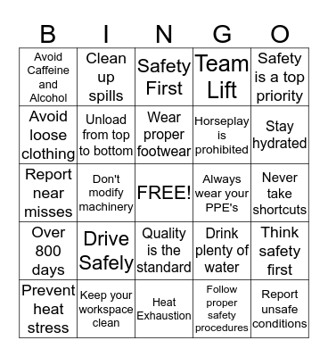 SAFE - T - WORDS Bingo Card