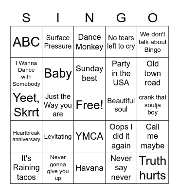 Singo: Today's Hits Bingo Card