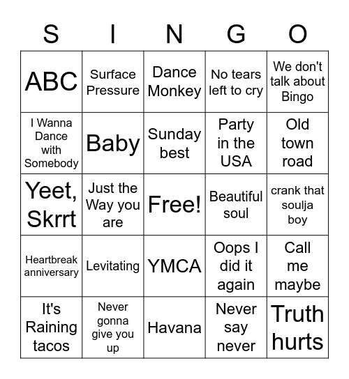 Singo: Today's Hits Bingo Card