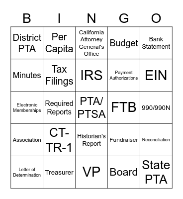 PTA Bingo Card