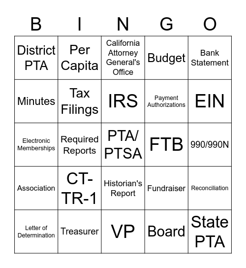 PTA Bingo Card