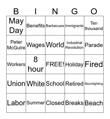 Labor Day JINGO Bingo Card