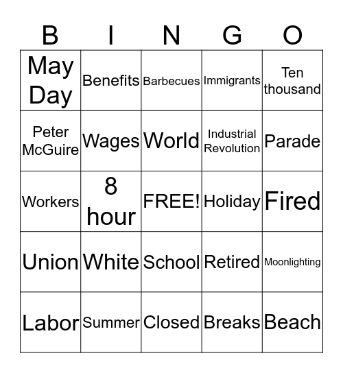 Labor Day JINGO Bingo Card