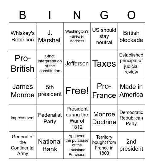 Early Republic Bingo Card