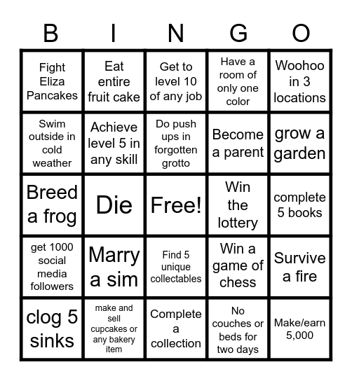 sims bingo(Base Game) Bingo Card