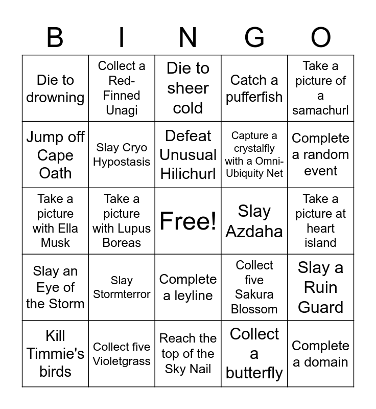 Genshin Bingo Challenge Bingo Card