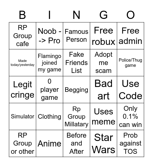 ROBLOX AD BINGO Card