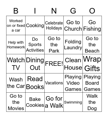 Grandparent's Day Bingo Card