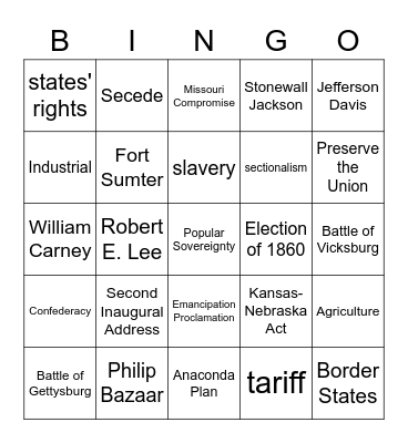 Civil War Bingo Card