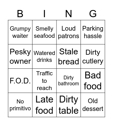 Restaurant Bingo Card