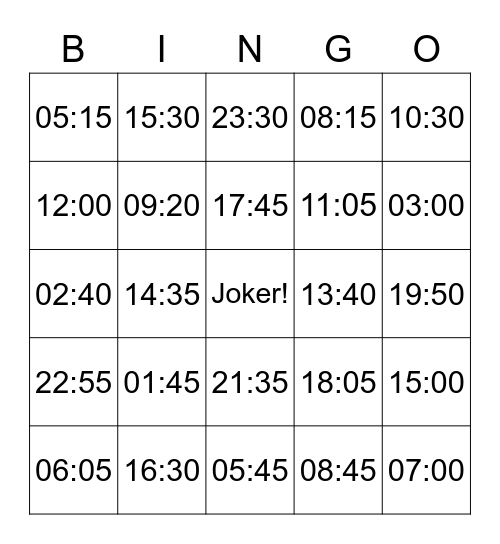 Bingo de l'heure Bingo Card