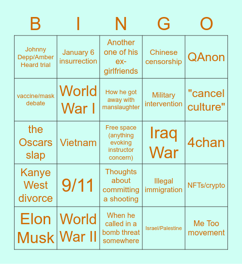 Things Kenny Will Bring Up In Improv Bingo Card