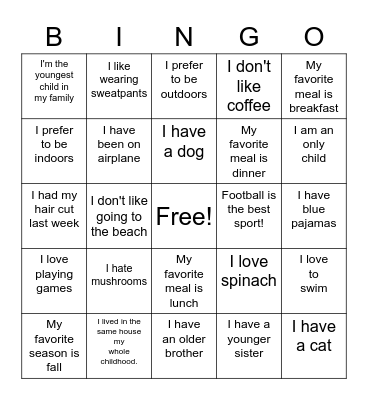 Ice breaker Bingo Card