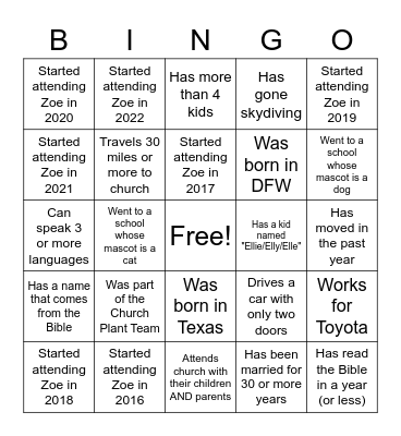 Zoe 6th Anniversary Bingo Card