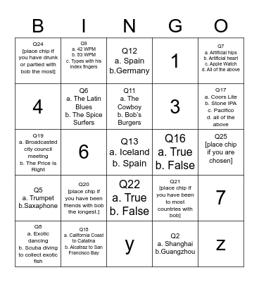 Bob Trivia Bingo! Bingo Card