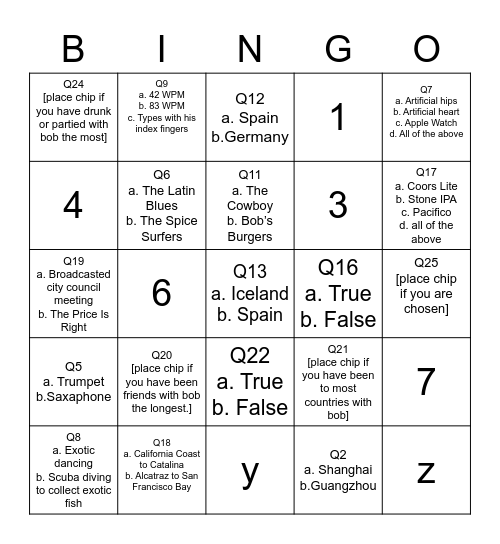 Bob Trivia Bingo! Bingo Card