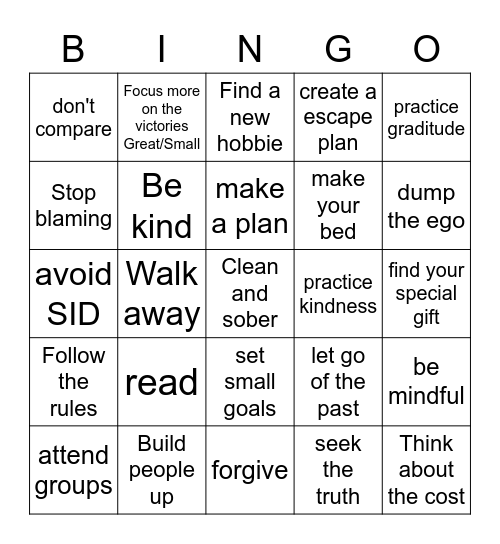 Relapse Prevention Bingo Card
