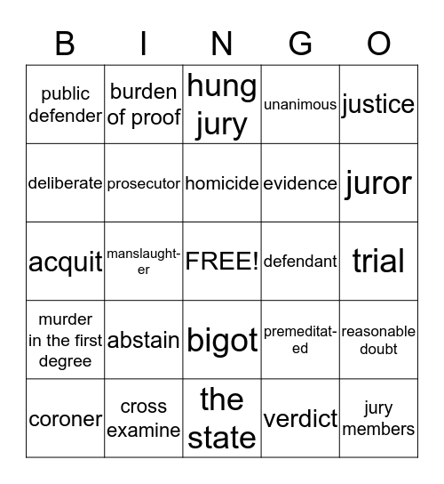 Courtroom and Criminal Vocabulary Bingo Card